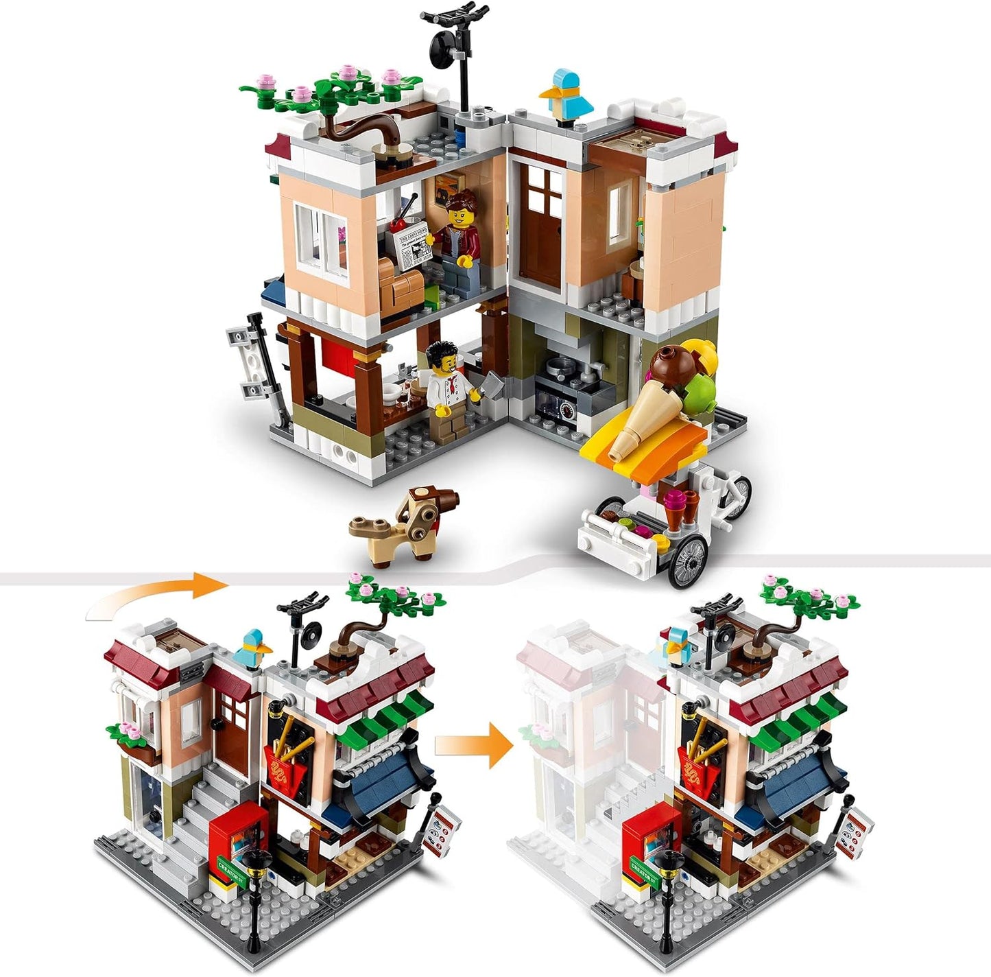 LEGO 31131 Creator Pasta Shop, Bicycle Shop and Arcade, 3-in-1 Construction Toy with Accessories such as Slot Machines, Bonsai and Dog Figure, Gift for Children from 8 Years, Modular Building