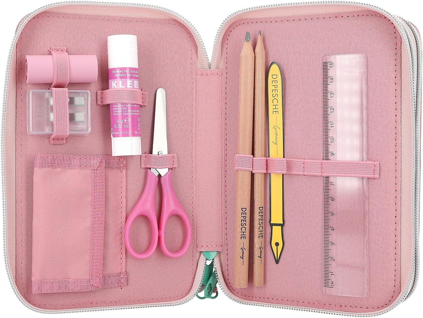 Depesche 12785 TOPModel Wild-Filled 3-Compartment Pencil Case in Pink, with Model Motif and Colourful Animal Pattern, Pencil Case with Colouring Pencils, Ruler, Scissors etc