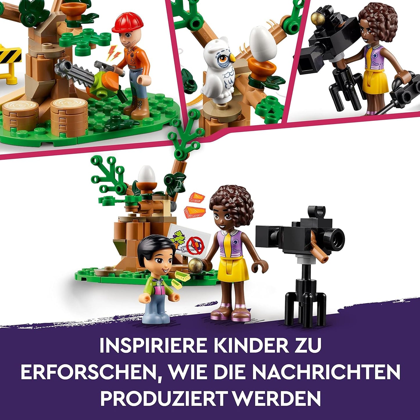 LEGO 41749 Friends Nachrichtenwagen, Tierrettung-Spielzeug-Set, Nachrichten filmen und berichten mit Spielzeug-LKW, Eulen-Figur & Aliya Mini-Puppe, Geschenk für Mädchen, Jungen und Kinder ab 6 Jahren