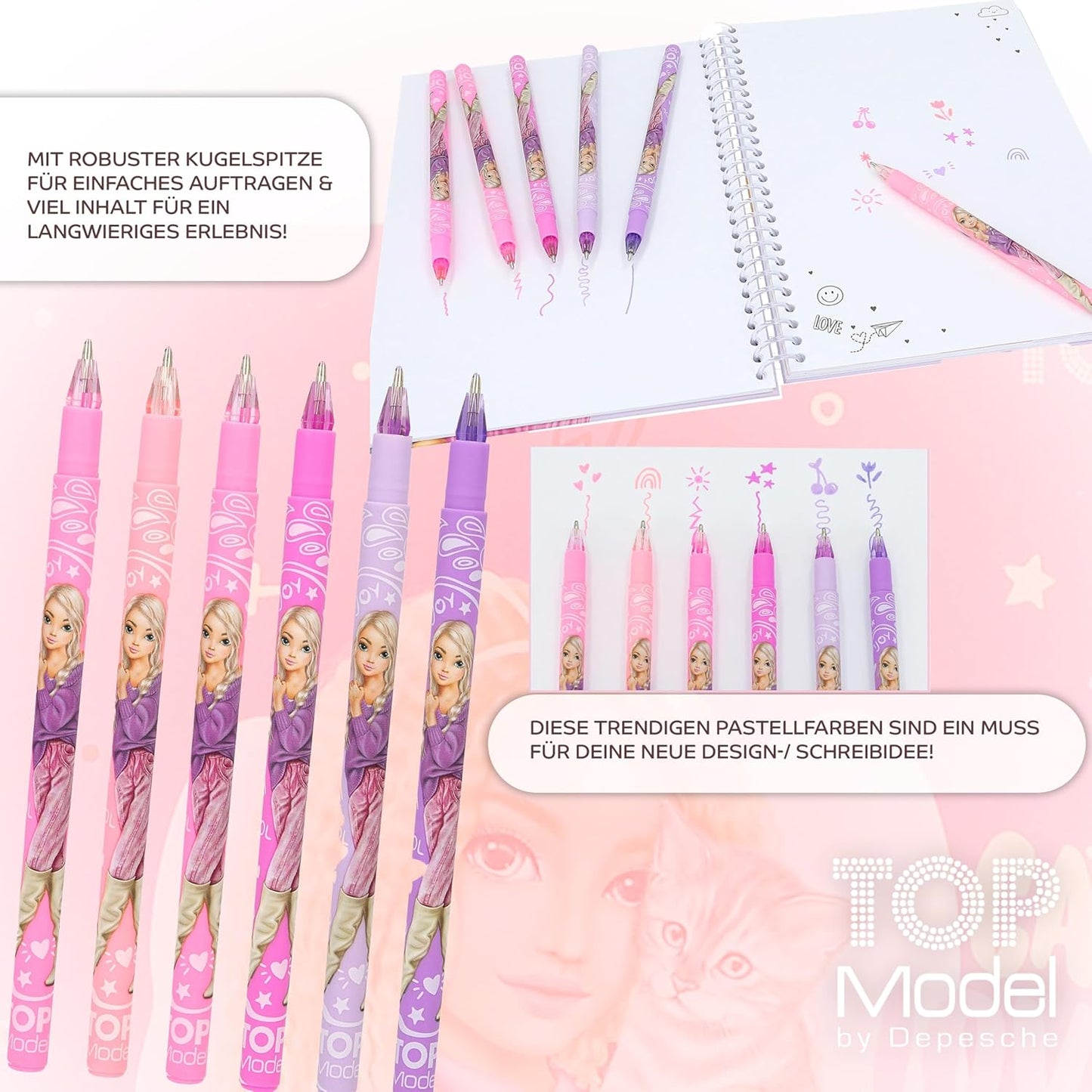 Depesche TOPModel Girly Gel Pen Set + Mobile Notebook with Wobble Image - Creative Writing and Colouring Set for Girls, with Colourful Gel Pens and Trendy Notebook with 3D Wobble Effect