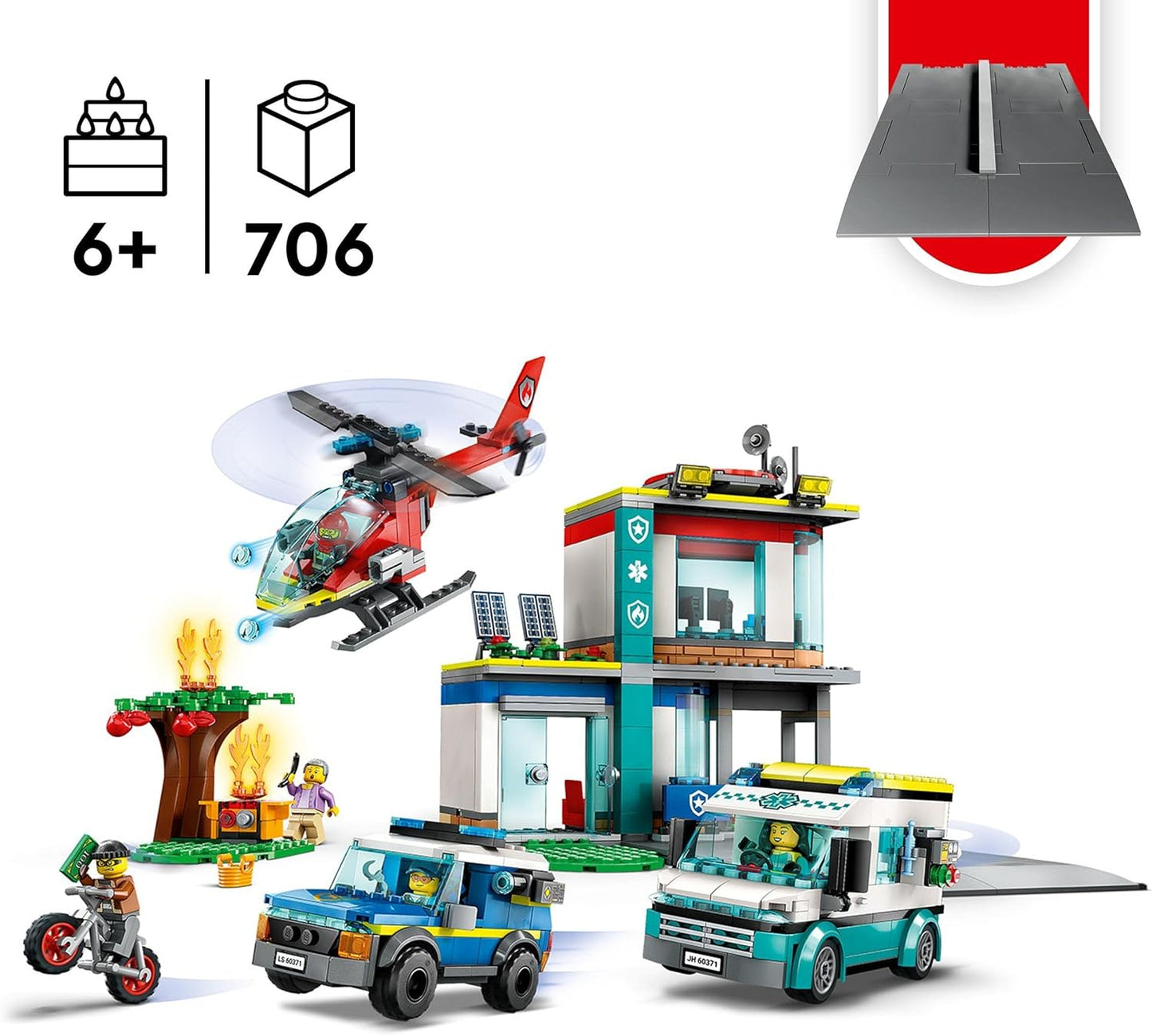 LEGO 60371 City Headquarters of Rescue Vehicles with Fire Brigade Helicopter, Ambulance, Motorcycle and Police Car, Toy for Children from 6 Years