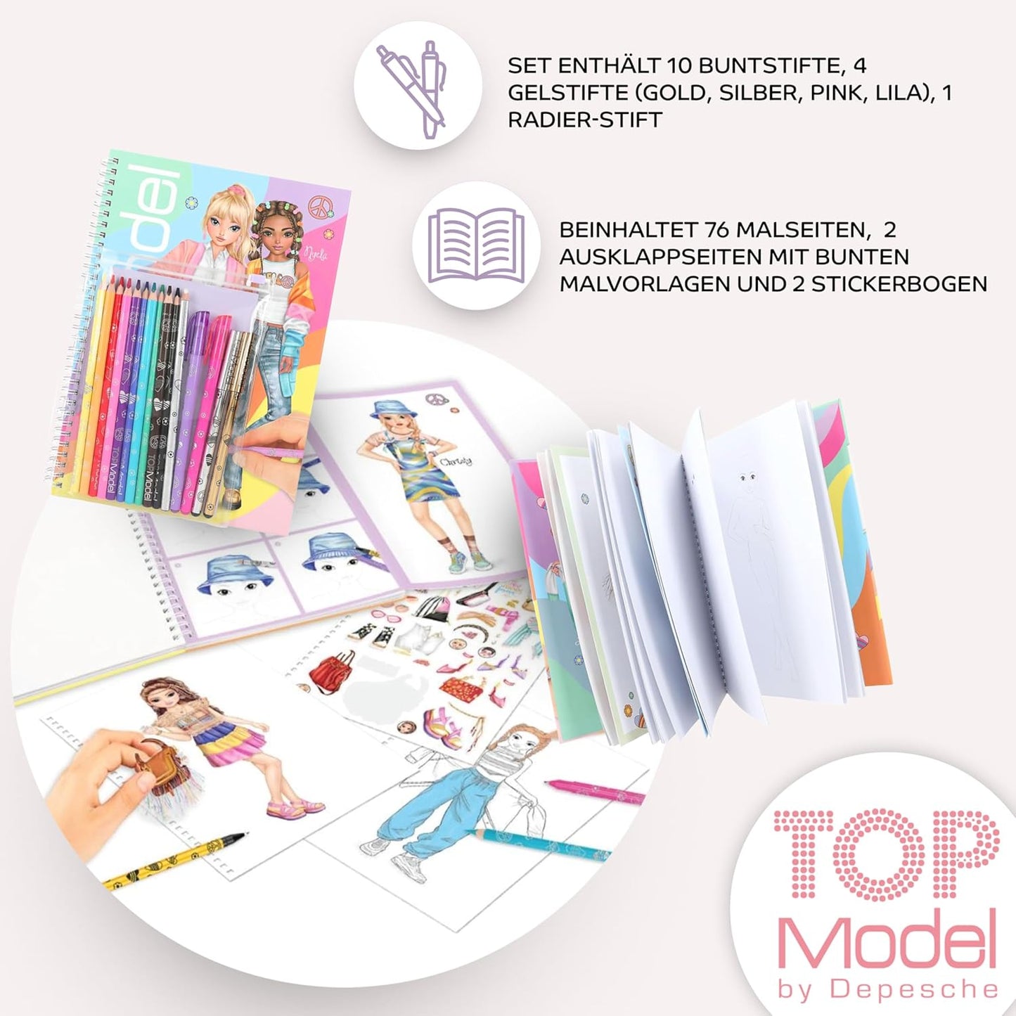 TOPModel Colouring Book Set + TOPModel Beauty Fun Colouring Book: Ultimate Creative Set for Fashion Enthusiastic Girls - with 10 Colouring Pencils, 4 Gel Pens (Gold, Silver, Pink, Purple), 1 Eraser