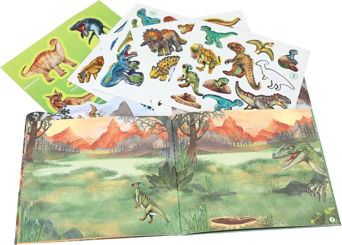 Depesche 12467 Dino World Mini Sticker Fun Sticker Book with 12 Background Pages to Design Yourself Includes 6 Sheets of Stickers