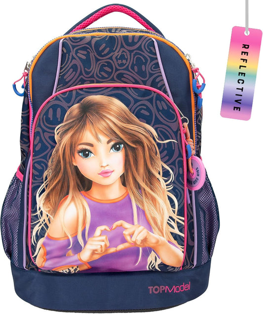 Depesche 12739 TOPModel Night Light School Backpack in Dark Blue with Model Motif, School Bag with Adjustable Straps and Pendant, multicoloured, Modern