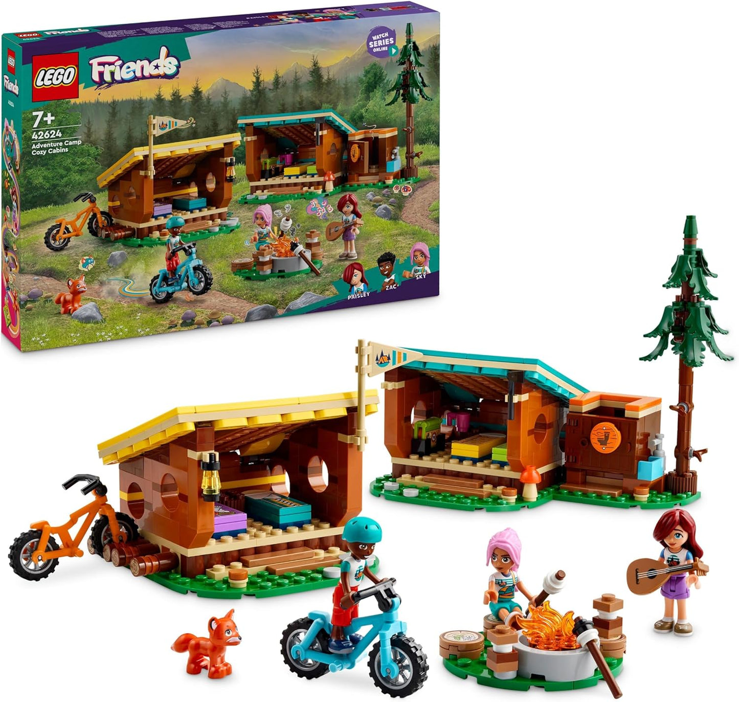 LEGO Friends Cosy Huts in Adventure Camp, Play Set for Role Play in the Outdoors, Children's Toy for Girls and Boys from 7 Years with 3 Toy Figures and Fox, Camping Toy 42624