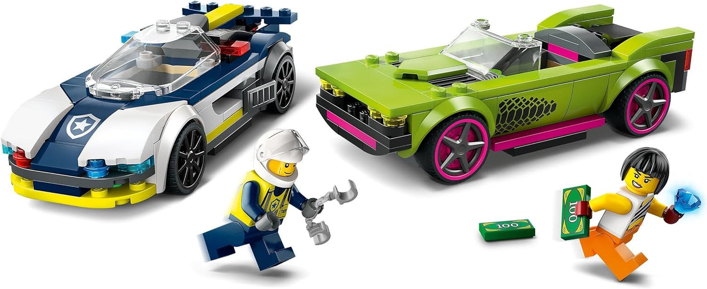 LEGO City Chase with Police Car and Muscle Car, Car Play Train with 2 Racing Cars, Police Gift for Children, Boys and Girls from 6 Years, Set with Policeman and Ganovin Mini Figures 60415