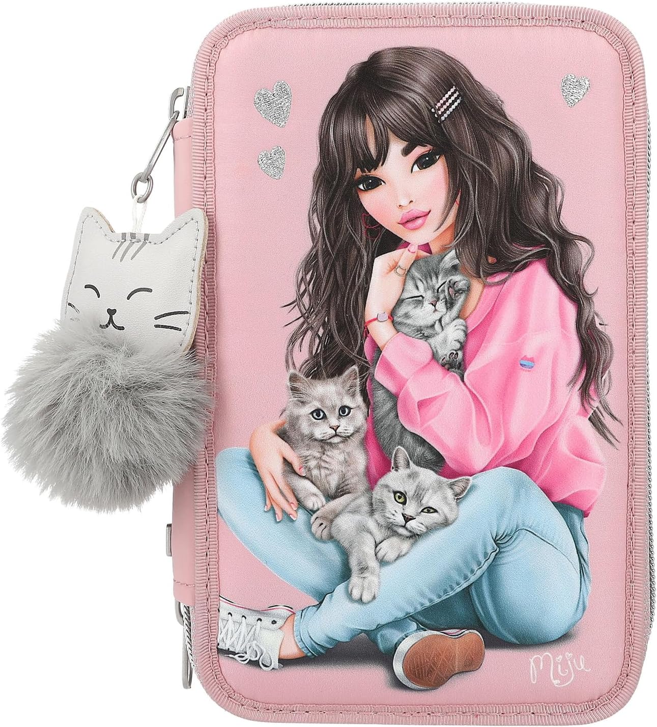 Depesche 11754 TOPModel Kitten Filled 3-Compartment Pencil Case with Model Motif, Pink Pencil Case with Colouring Pencils, Ruler, Scissors etc