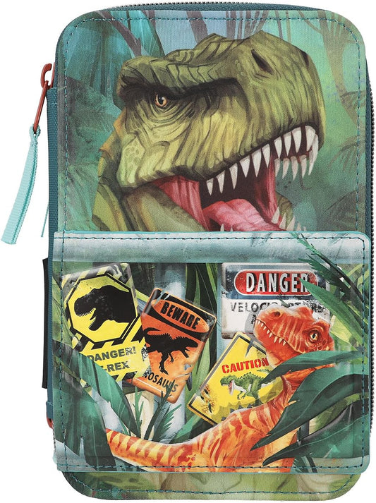 Depesche 11757 Dino World Danger-Filled 3-Compartment Pencil Case with Trex Motif, Dark Green Pencil Case with Colouring Pencils, Ruler, Scissors and Much More, Blue [Toy]