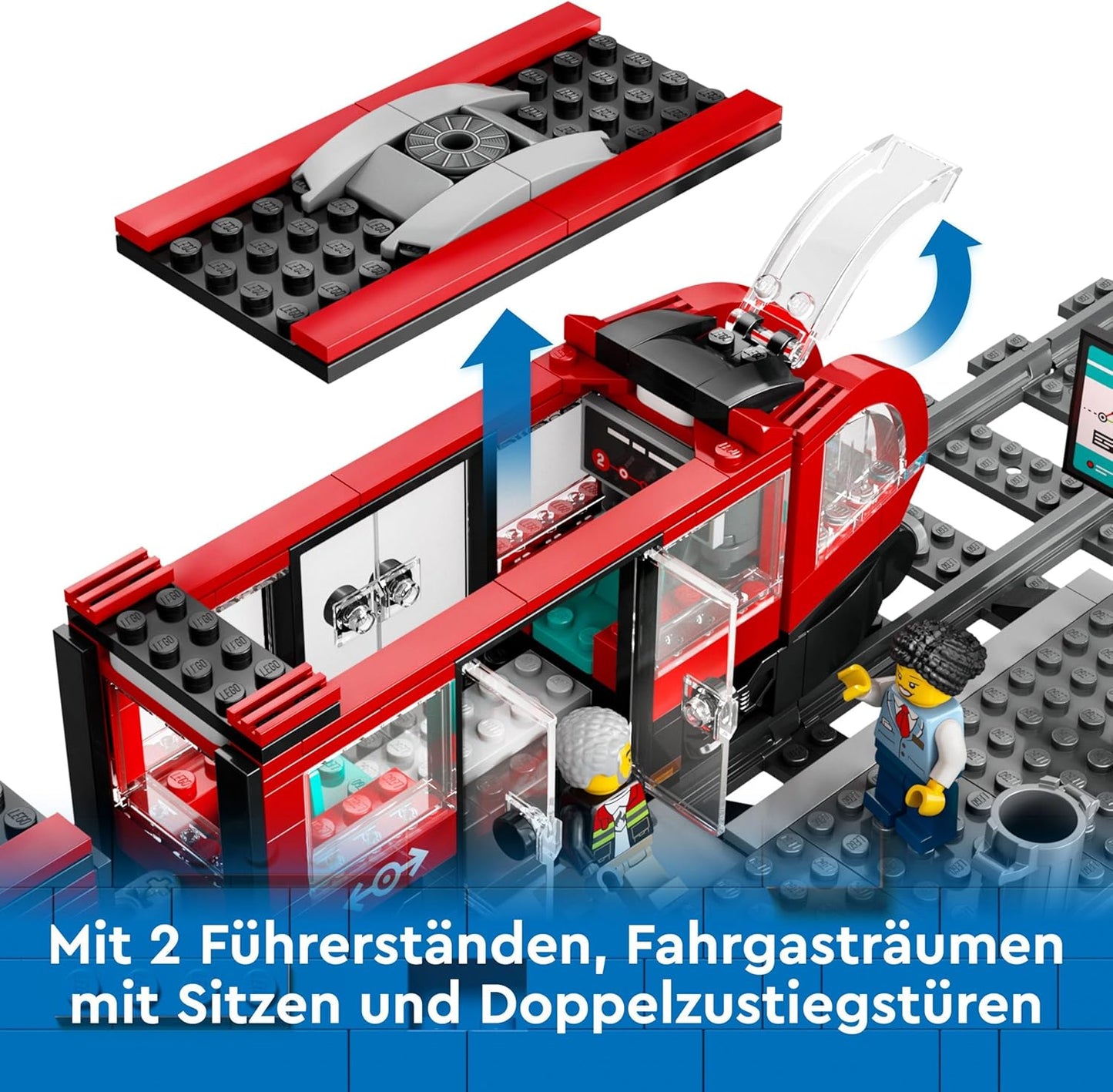 LEGO City tram with stop, gift idea for fans of vehicle toys from 7 years, with 6 mini figures and a guide dog for role play, building toy 60423