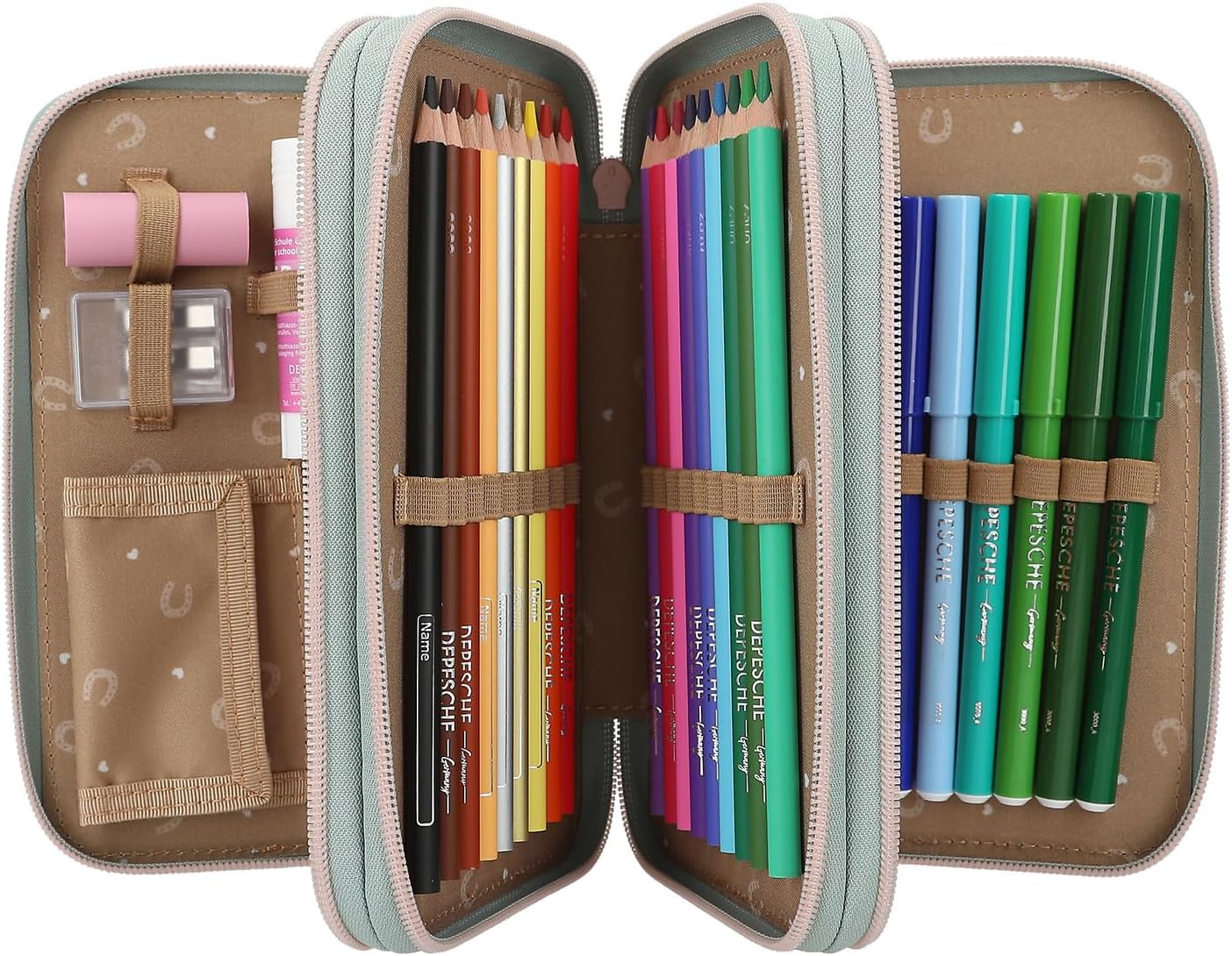 Depesche 13121 Miss Melody Hoof Clatter - Filled 3-Compartment Pencil Case in Pale Green with Horse Motif, Pencil Case with Colouring Pencils, Ruler, Scissors and Much More