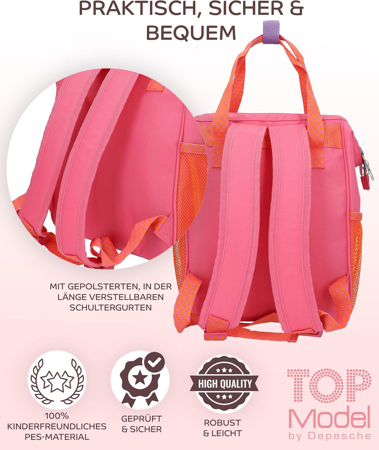 Depesche TOPModel Joy Backpack, Pink and Orange, Model Motif, Colourful Details, Adjustable Straps and TOPModel Timetable and Colouring Sheet, Pink, orange