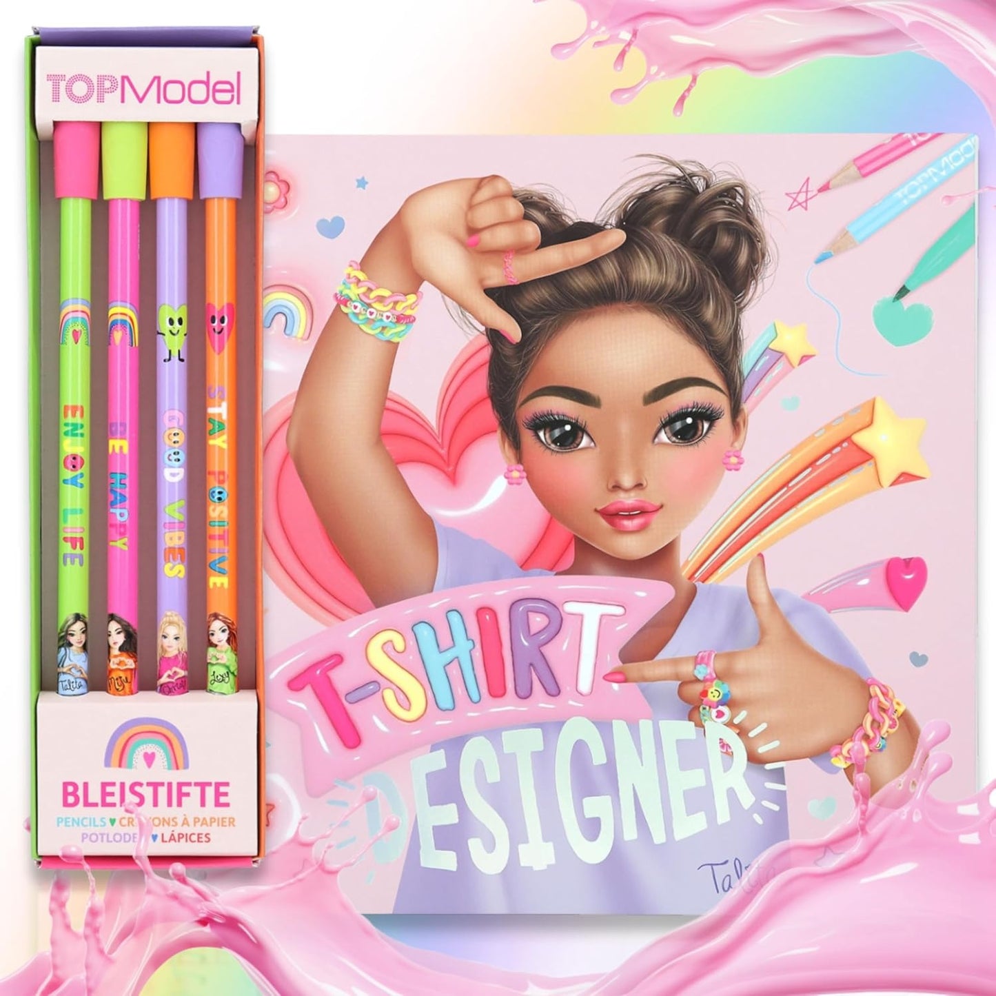 TOPModel Selflove Pencil Set with Eraser Topper and the TOPModel T-Shirt Designer Colouring Book - Your Perfect Duo for Creative Designs and Fashion Ideas