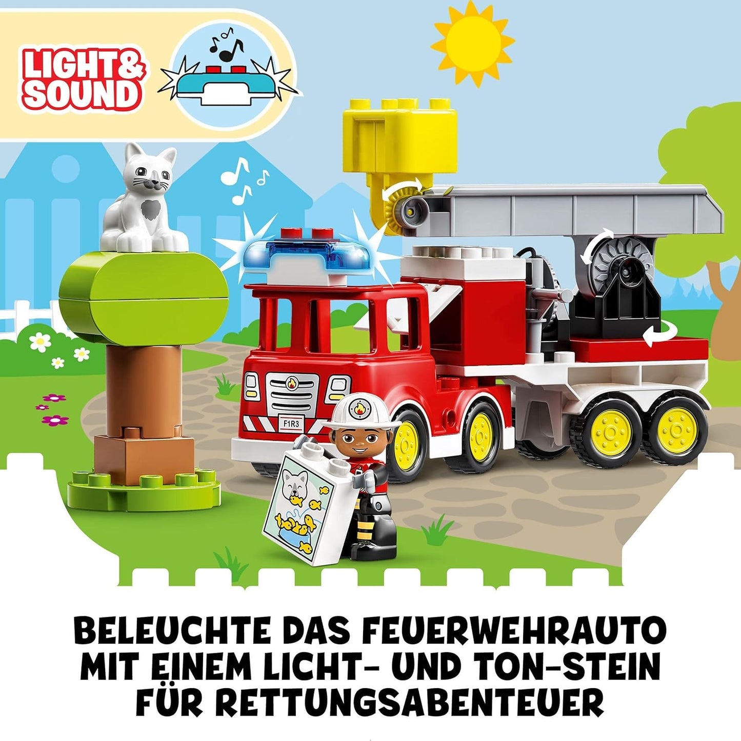 LEGO DUPLO Town Feuerwehrauto Spielzeug, Lernspielzeug für Kleinkinder ab 2 Jahren, Set mit Blaulicht und Martinshorn, Feuerwehrmann und Katze, für Mädchen und Jungen 10969