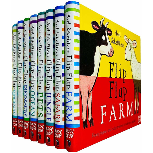 Axel Schefflers Flip Flap Series 8 Books Childrens Collection Set (Dinosaurs, Farm, Frozen, Pets, Ocean, Safari, Jungle, Minibeasts)