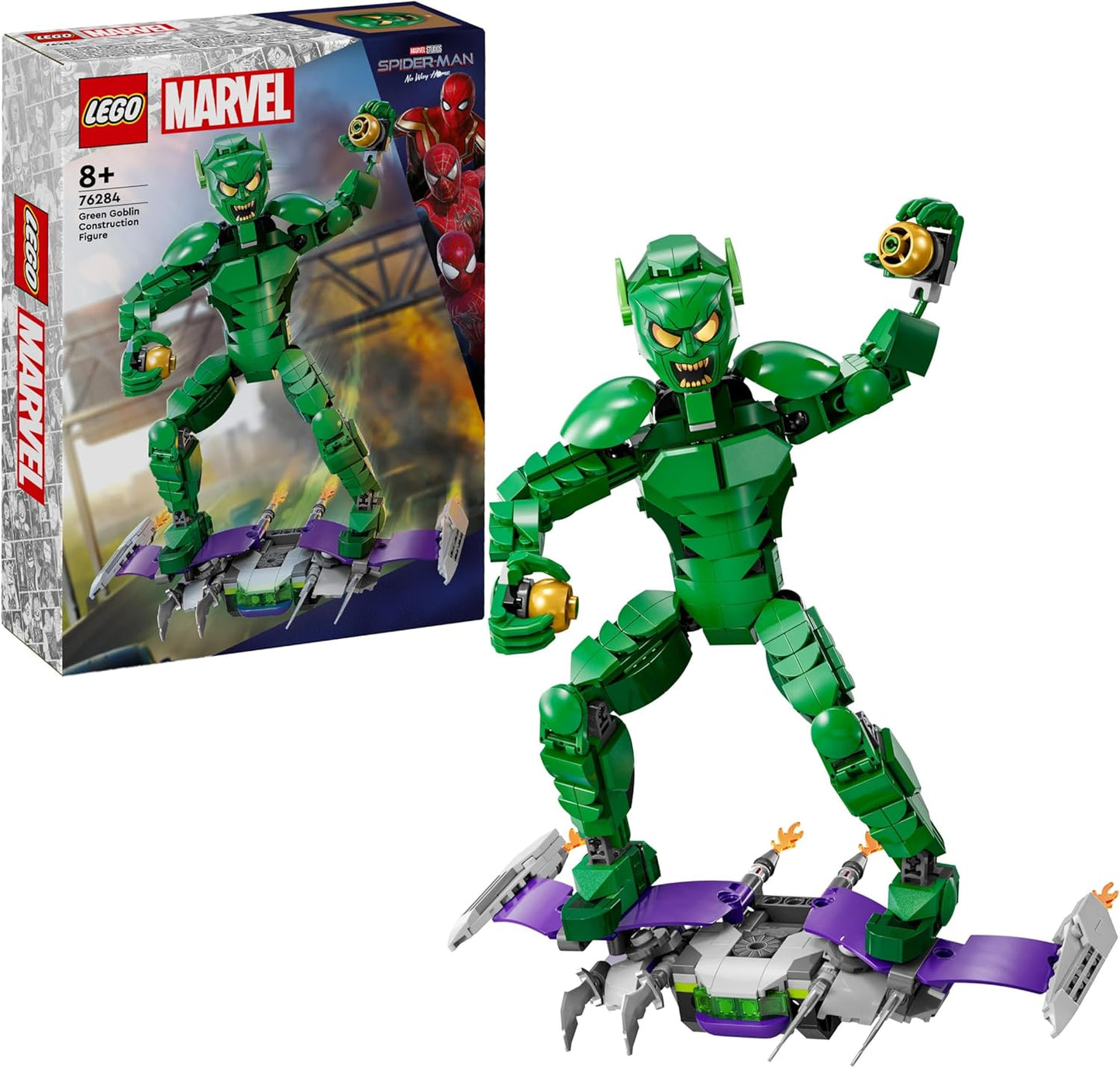 LEGO Marvel Green Goblin Construction Figure, Movable Super Villain Construction Toy for Children from 8 Years, Boys & Girls, Spider-Man Universe Set with Glider & Pumpkin Bombs, Superhero Gift Idea