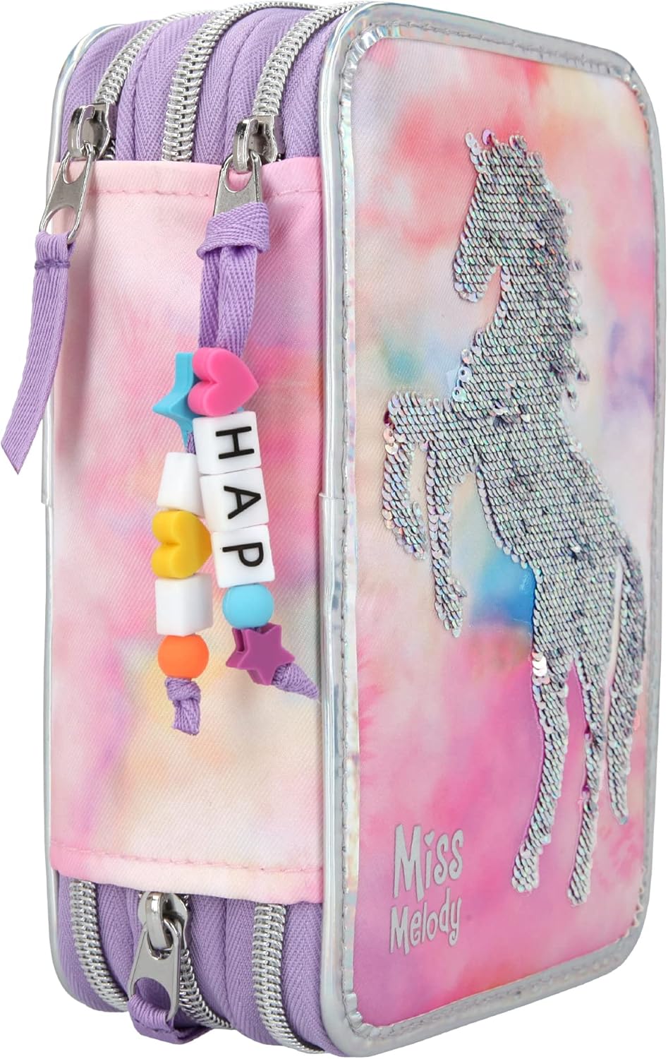 Depesche 11074 Miss Melody - Filled 3-compartment pencil case with horse motif made of string sequins, pink pencil case approx. 7.5 x 13 x 20 cm, with felt and coloured pencils, ruler, scissors, glue,