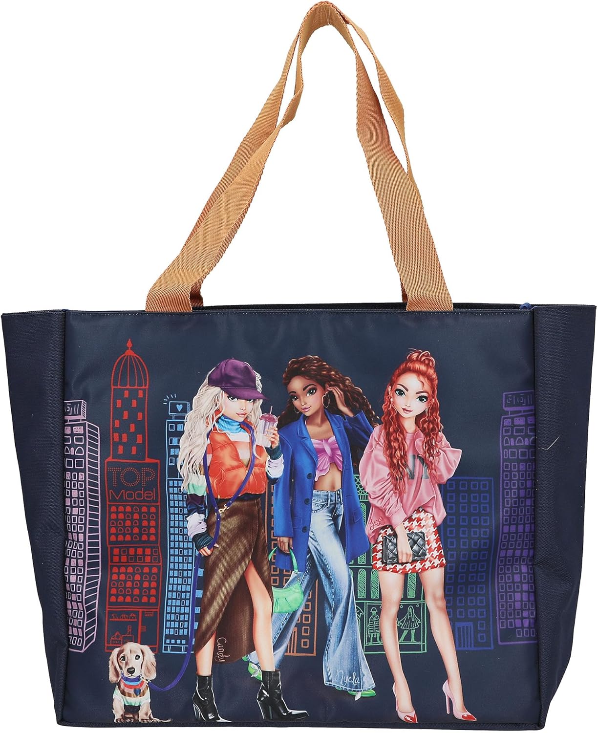 Depesche TOPModel City Girls 12564 Tote Bag in Dark Blue with Model Motif in Bright Colours, Shopper with Inner Pocket