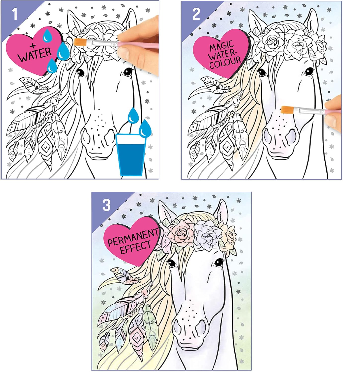 Depesche 12576 Miss Melody Watercolour Book, Colouring Book with Brush and 30 Horse Motifs to Paint with Water