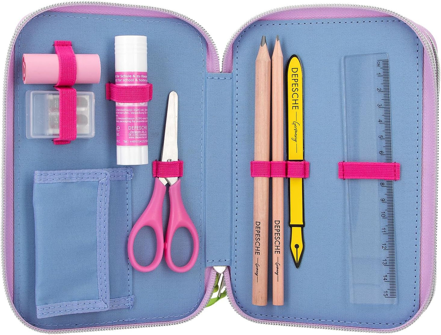 Depesche 12749 TOPModel Flash - Filled 3-Compartment Pencil Case with Model Motif and Colourful Graphic Pattern Made of Reflector Material, Pencil Case with Colouring Pencils, Ruler, Scissors and Much