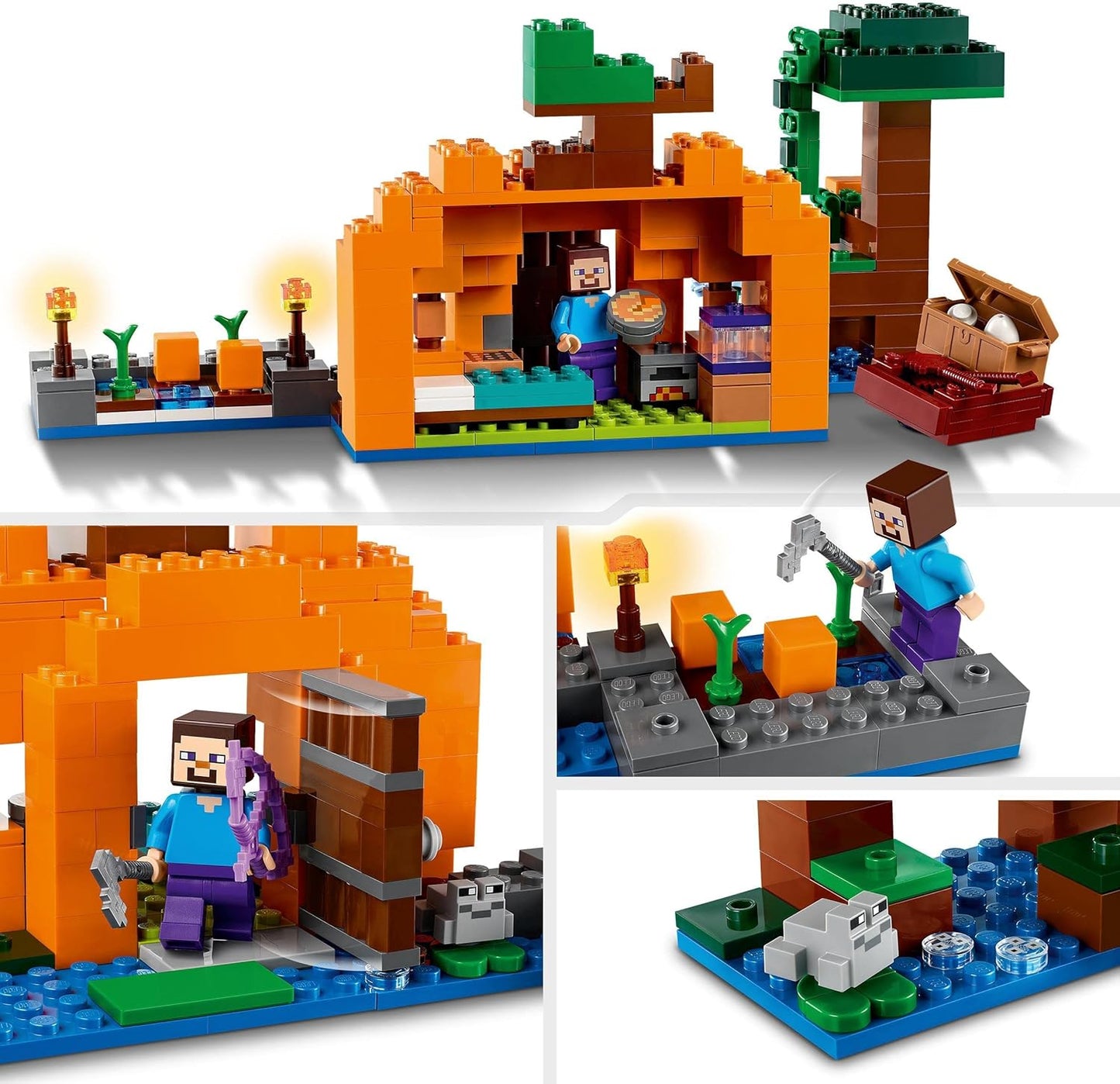 LEGO Minecraft The Pumpkin Farm Set, Buildable Toy House with Frog, Boat, Treasure Chest and Steve and Witch Figures, Swamp Biome Action Toy, Gift for Kids, Boys, Girls 21248