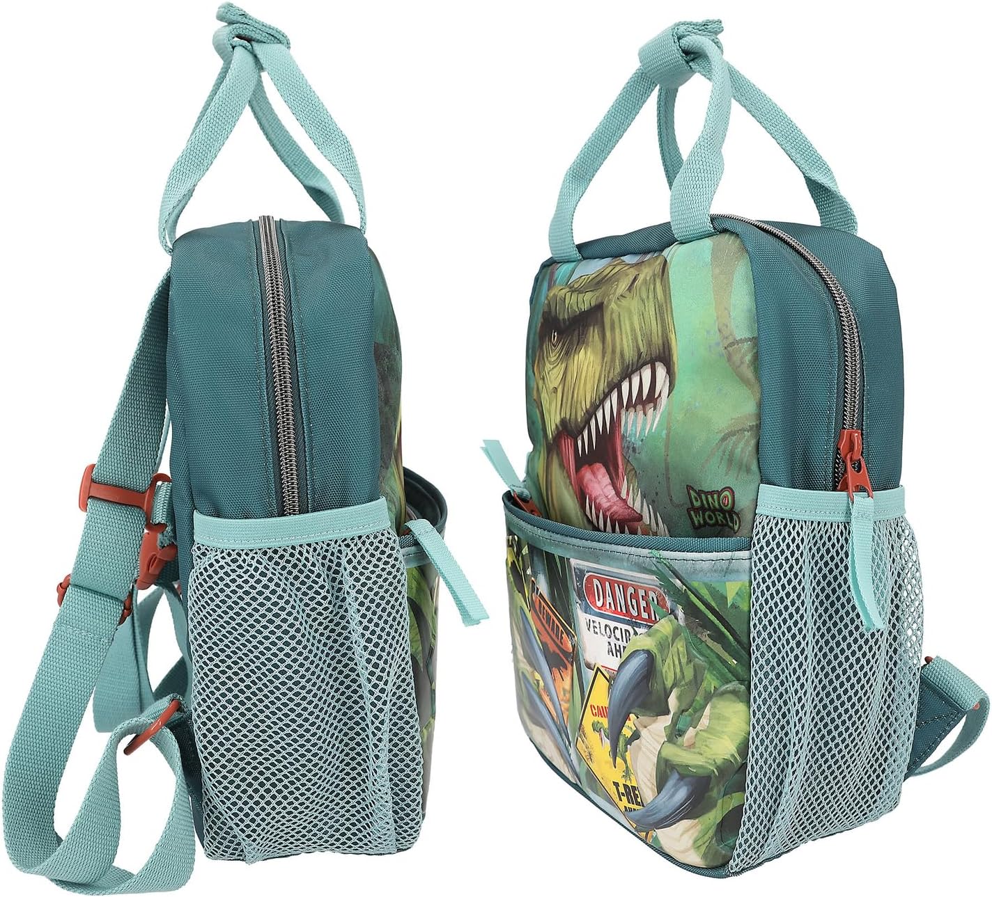 Depesche 11778 Dino World Danger Backpack for Children in Dark Green with Trex Motif, Bag with Adjustable Straps and Side Pockets