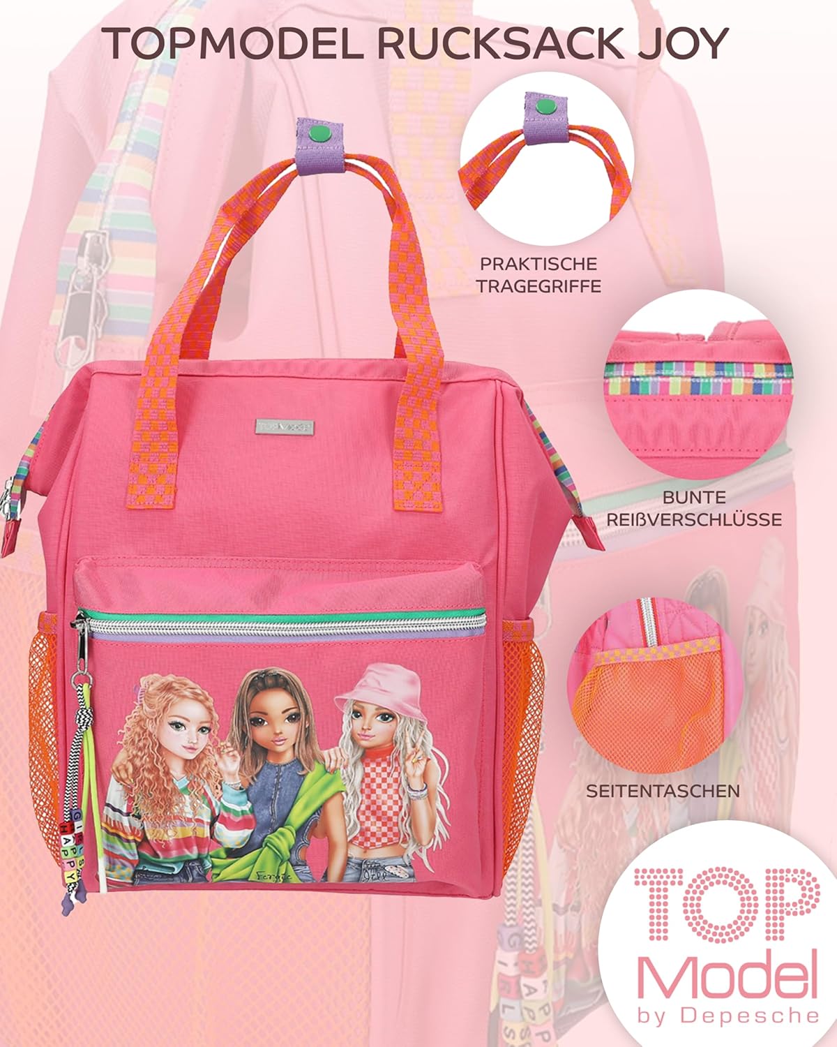 Depesche TOPModel Joy Backpack, Pink and Orange, Model Motif, Colourful Details, Adjustable Straps and TOPModel Timetable and Colouring Sheet, Pink, orange