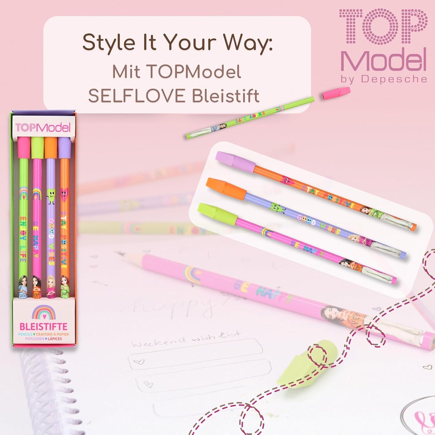 TOPModel Selflove Pencil Set with Eraser Topper and the TOPModel T-Shirt Designer Colouring Book - Your Perfect Duo for Creative Designs and Fashion Ideas