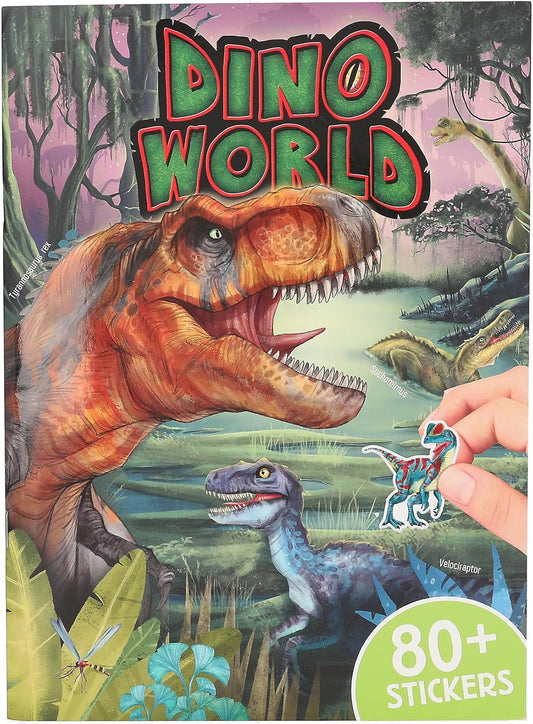 Depesche 13207 Dino World Sticker Book with 20 Illustrated Background Pages for Designing Dinosaur Motifs, Includes 6 Pages of Stickers with Paper and Puffy Stickers