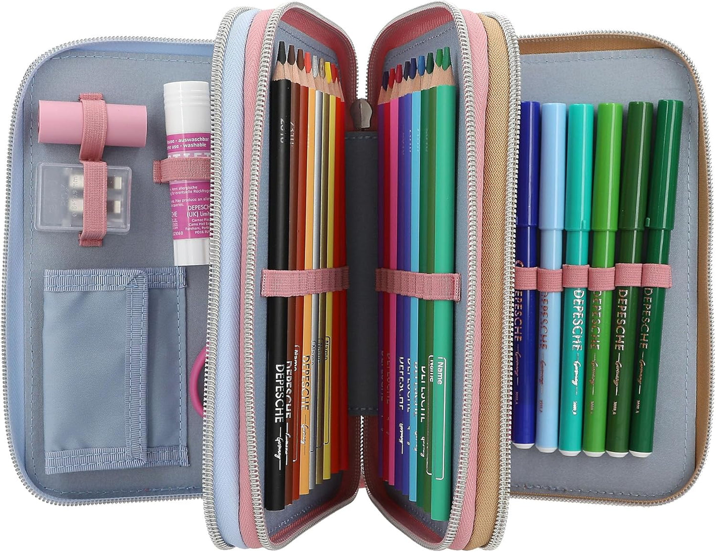 Depesche 13009 TOPModel Team Teddy Filled 3-Compartment Pencil Case in Rose with Model Motif and Pendant, Pencil Case with Colouring Pencils, Ruler, Scissors and much more