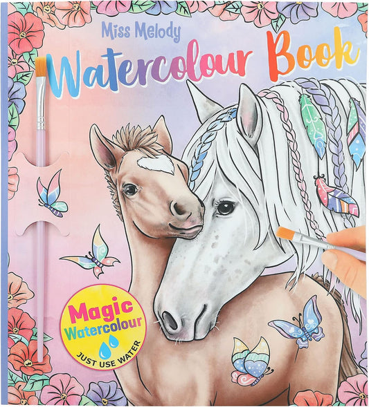 Depesche 12576 Miss Melody Watercolour Book, Colouring Book with Brush and 30 Horse Motifs to Paint with Water