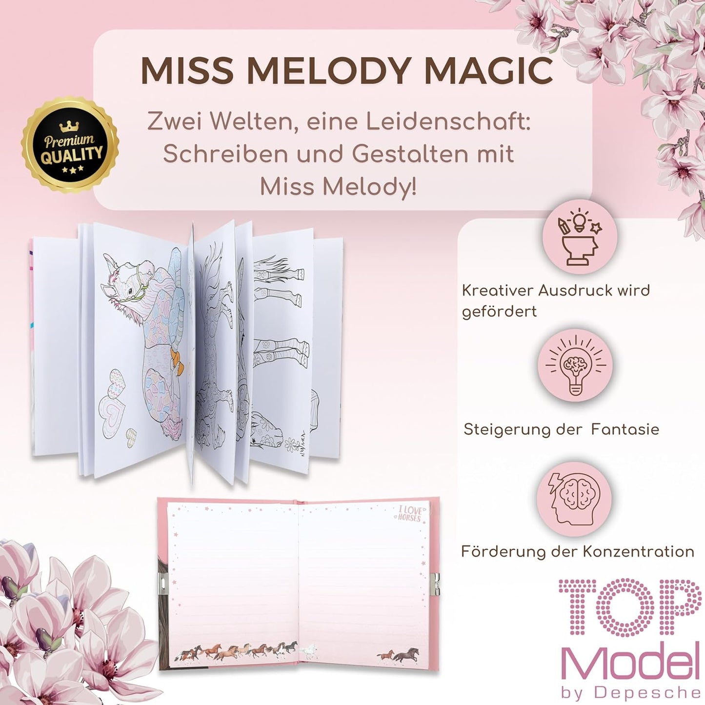 Depesche Miss Melody Diary with Stickers & Miss Melody Colour & Design Book - Design, Dream and Discover Your Imagination with the Most Beautiful Horse Motifs