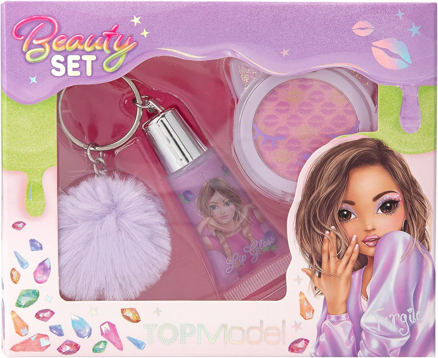 Depesche TOPModel 12729 Beauty and Me Beauty Set Purple with Shimmering Eyeshadow in a Jar and Purple Lip Gloss with Plush Pendant