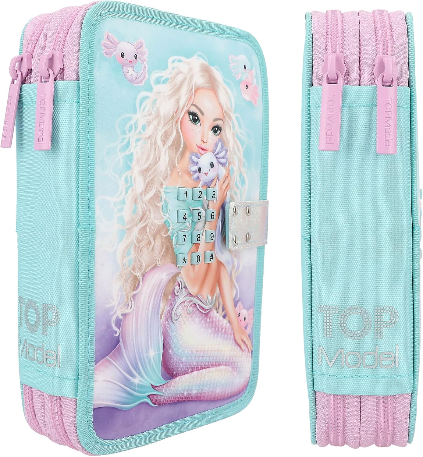 Depesche 12299 TOPModel Mermaid - Filled 2-Compartment Pencil Case in Turquoise and Purple, with Mermaid Motif and Code, Pencil Case with Colouring Pencils, Scissors, Ruler and much more