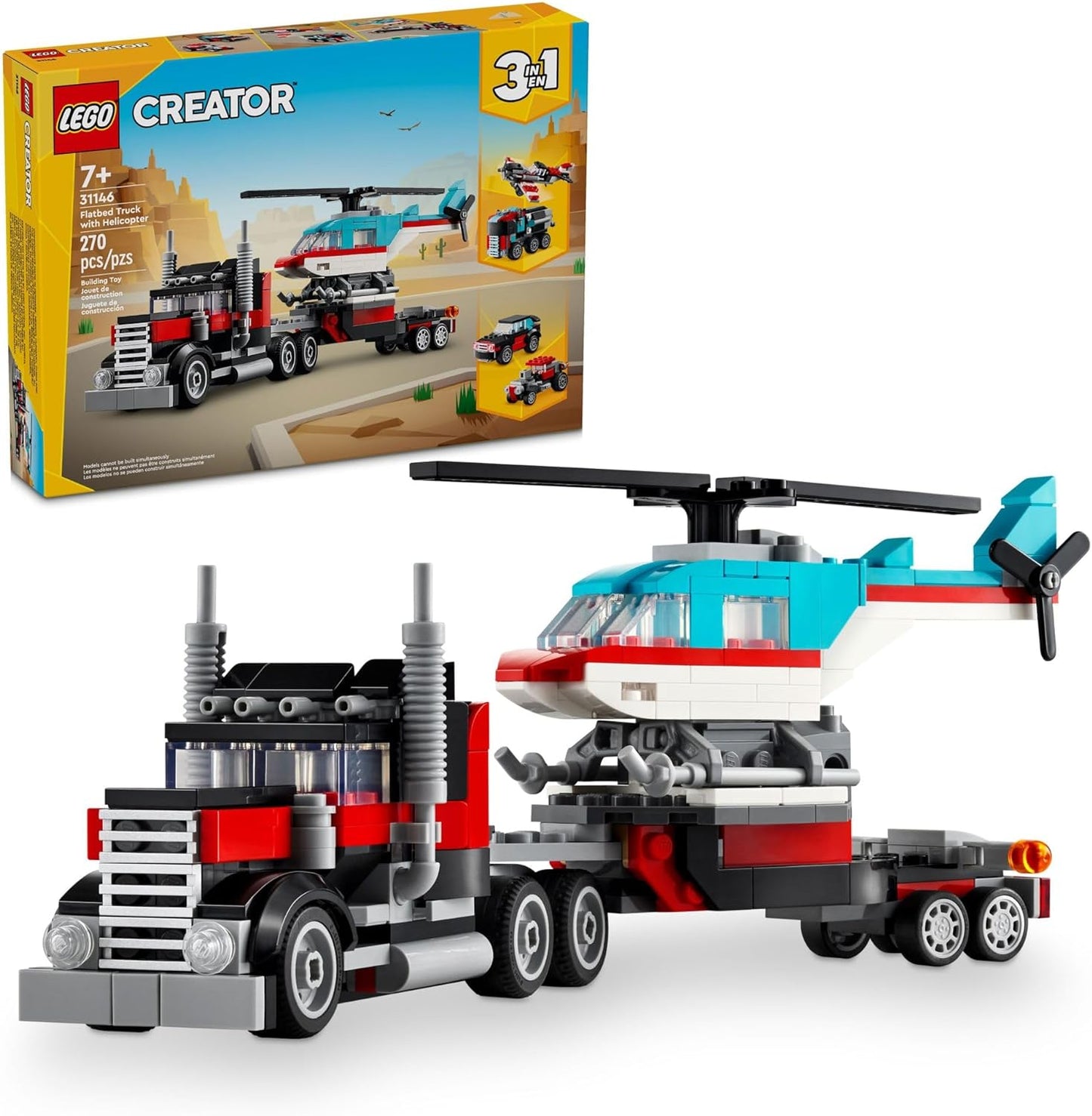 LEGO Creator 31146 3 in 1 Flatbed Truck with Helicopter Toy, Transforms from Flatbed Truck Toy to Propeller Plane to Hot Rod and SUV Car Toy, Gift Idea for Boys and