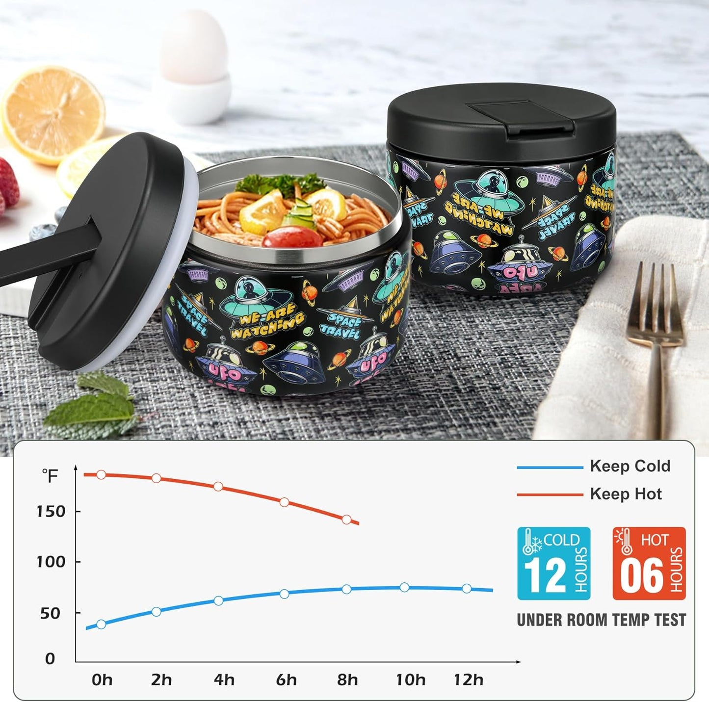 Itslife Thermal Food Container 350 ml Stainless Steel Warming Container, Children's Leak-proof Lunch Container with Buckle Cover, Wide Neck, Insulation, Suitable for Cold and Hot Food, Black UFO