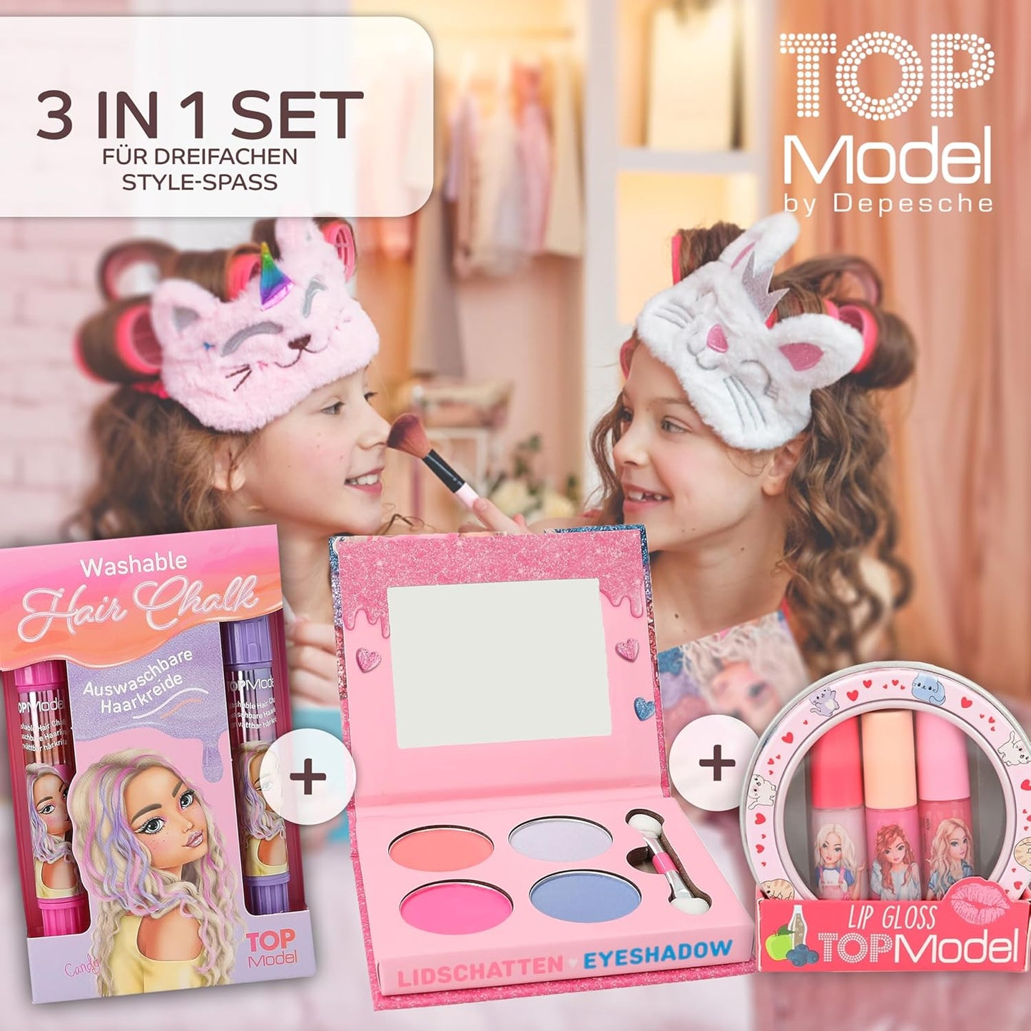 TOPModel by Depesche Beauty and Me Eyeshadow Gift Set, Washable Hair Chalk Set and Mini Lip Gloss Set