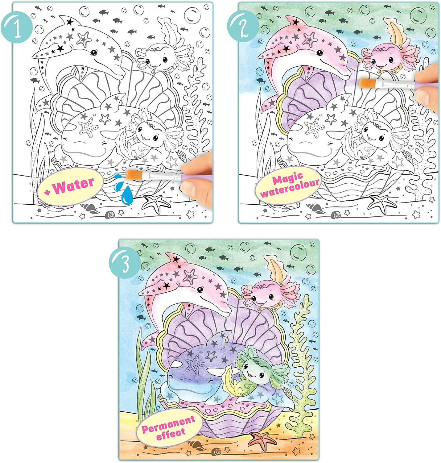 Depesche 12414 TOPModel Mermaid Watercolour Book, Colouring Book with Brush and 15 Underwater Motifs for Painting with Water