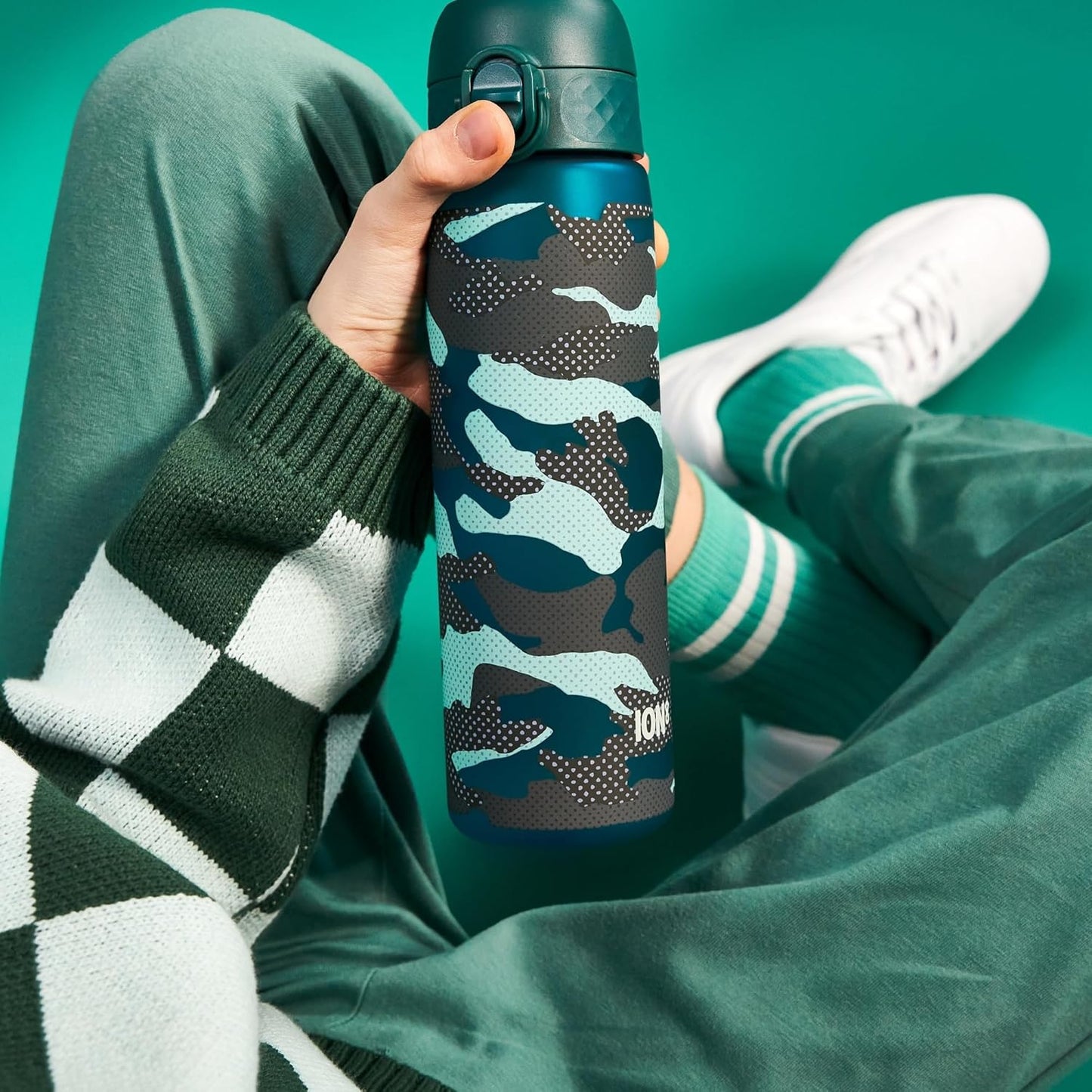 Ion8 Water Bottle, Leak-Proof, One-Handed Opening, Secure Locking, Dishwasher Safe, Carry Handle, Flip Lid, Easy to Clean, Camo Design