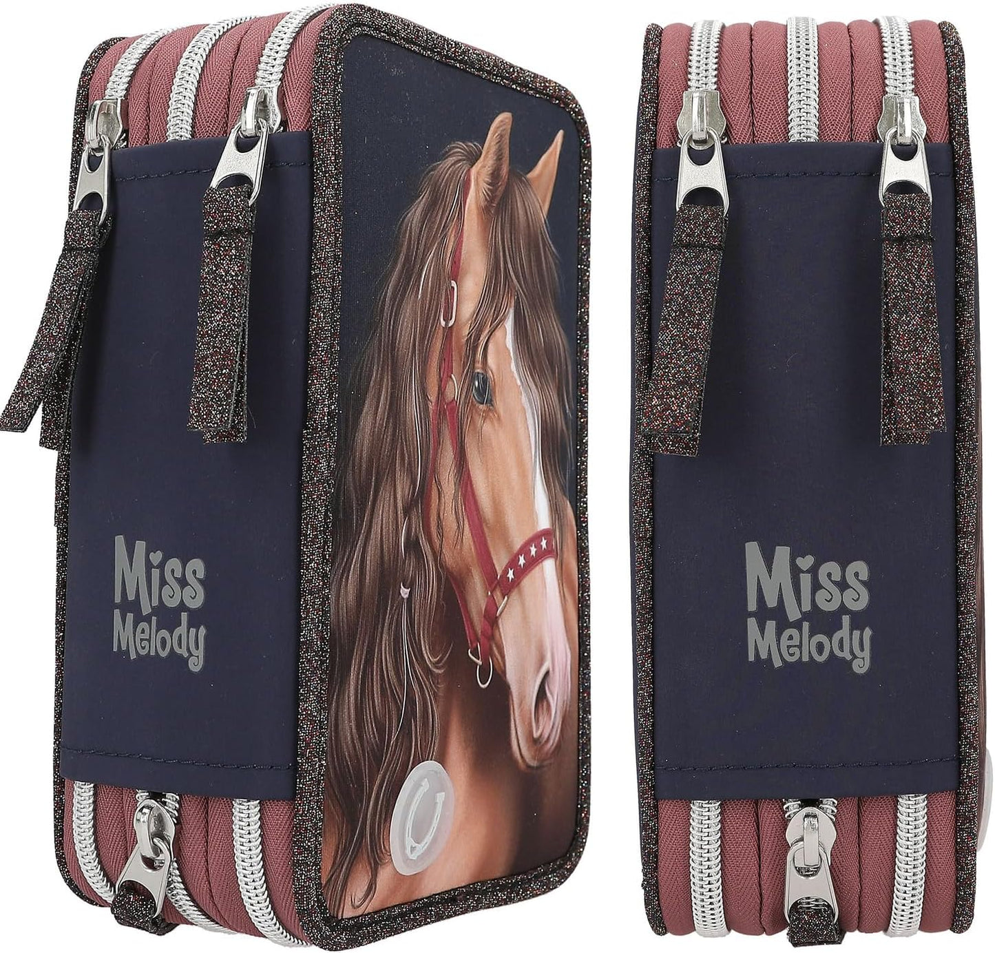 Depesche 13190 Miss Melody Glitter Horse-Filled 3-Compartment Pencil Case in Dark Blue, with Horse Motif, Glitter and LED Lights, Pencil Case with Colouring Pencils, Ruler, Scissors and Much More,