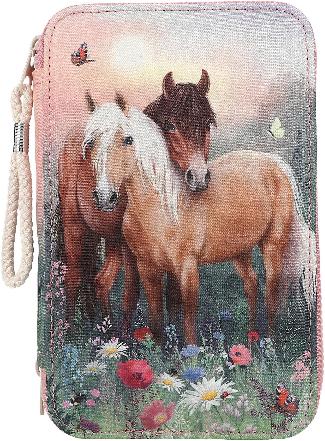 Depesche 12869 Miss Melody Flowers - Filled 3-Compartment Pencil Case in Pink with Horse Motif, Pencil Case with Colouring Pencils, Ruler, Scissors etc., Pink, Playful-Floral