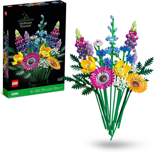 Lego 10313 icons wildflower bouquet set, artificial flowers with poppy and lavender, botanical collection, home decoration, crafts for adults, home decoration, gifts for women, men, him and her