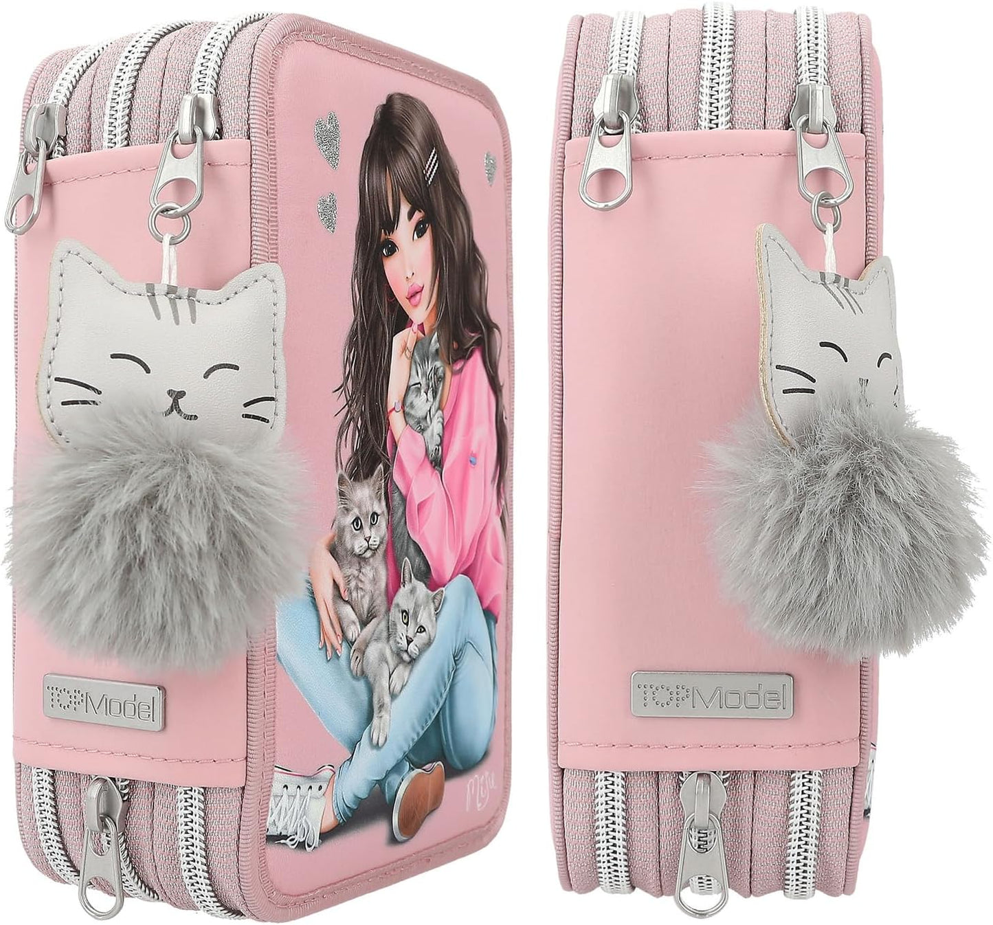 Depesche 11754 TOPModel Kitten Filled 3-Compartment Pencil Case with Model Motif, Pink Pencil Case with Colouring Pencils, Ruler, Scissors etc