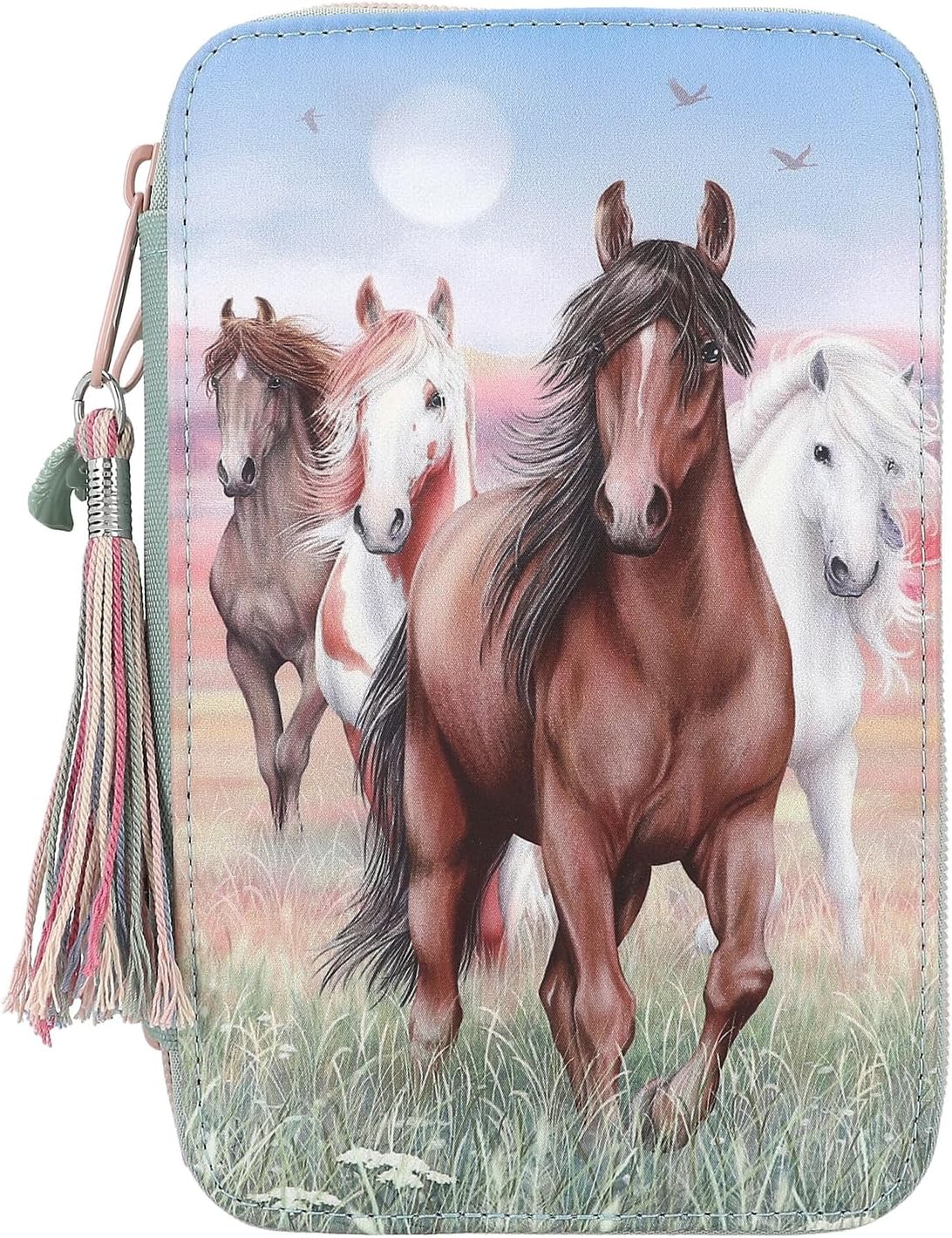 Depesche 13121 Miss Melody Hoof Clatter - Filled 3-Compartment Pencil Case in Pale Green with Horse Motif, Pencil Case with Colouring Pencils, Ruler, Scissors and Much More