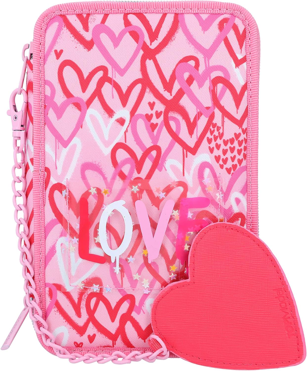 Depesche 12258 TOPModel One Love Filled 3-Compartment Pencil Case with Hearts in Red and Pink, Pencil Case with Coloured Pencils, Ruler, Scissors and Much More, Pink