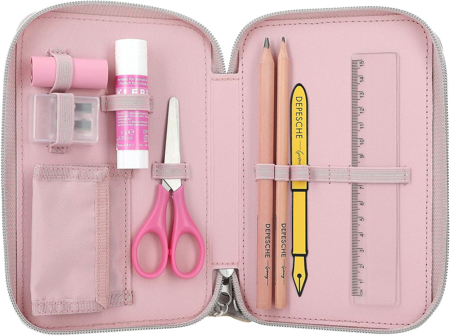 Depesche 11754 TOPModel Kitten Filled 3-Compartment Pencil Case with Model Motif, Pink Pencil Case with Colouring Pencils, Ruler, Scissors etc