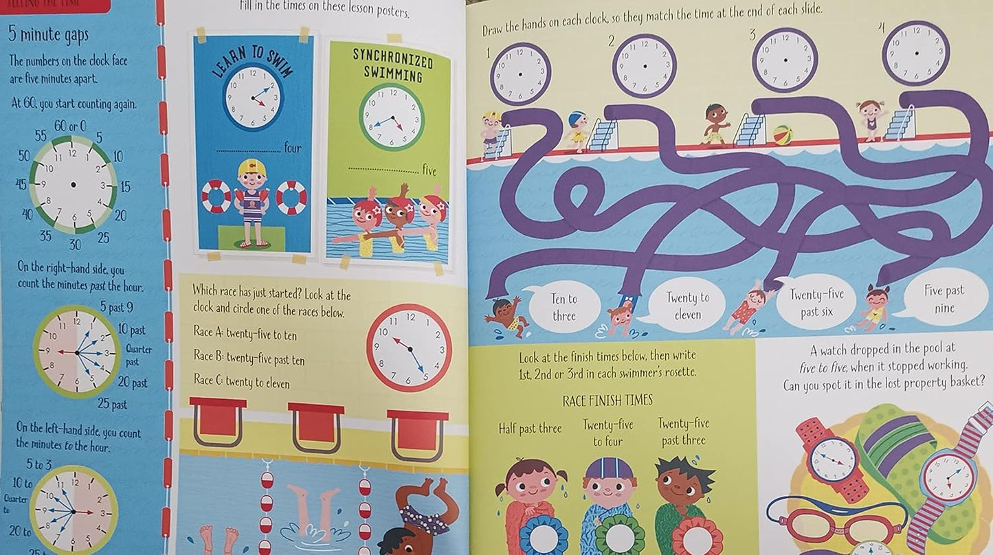 Children Usborne Educational Workbooks 4 books set Addition subtraction Times Tables Telling the Time Multiplying dividing KS1 KS2 boys Girls paperback Ages 5+