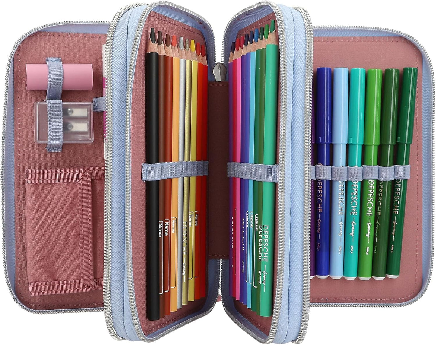 Depesche TOPModel Team Teddy 13010 Filled 3-Compartment Pencil Case in Light Blue with Model Motif and Pendant, Pencil Case with Colouring Pencils, Ruler, Scissors and much more