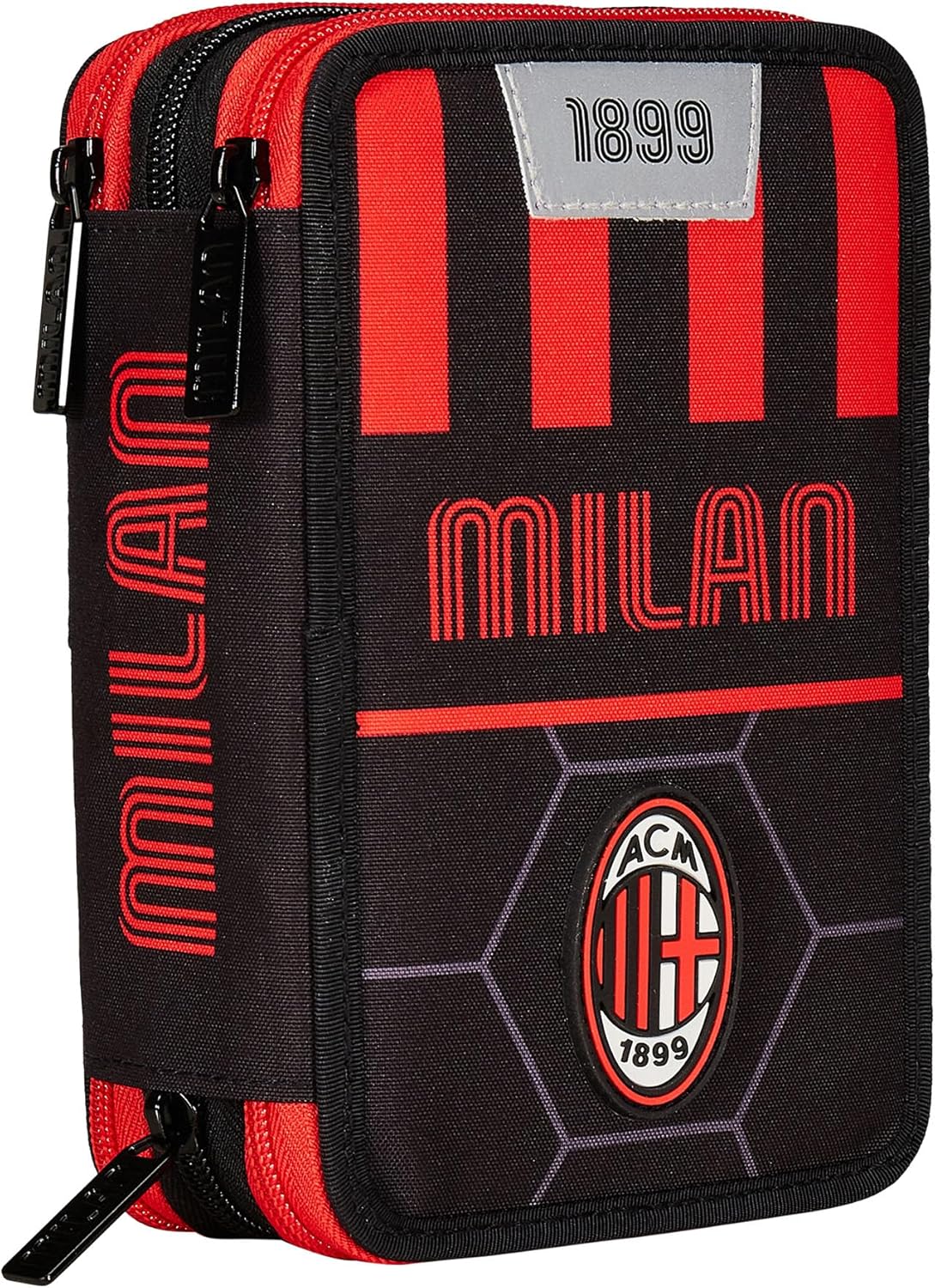 Seven A.C. Milan Football Path of Victory School Pencil Case with 3 Compartments Red Black - Pencil Holder with Multiple Compartments with Pencils, Pens and Colours, Multicoloured, Taglia Unica,