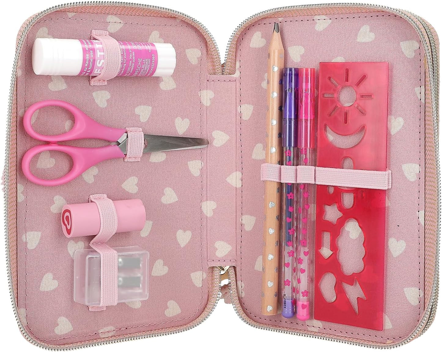 Depesche 12864 Princess Mimi Bunny Ballet - Filled 2-Compartment Pencil Case with Pink Plush Fur and Long Ears, Pencil Case with Colouring Pencils, Eraser, Sharpener and much more