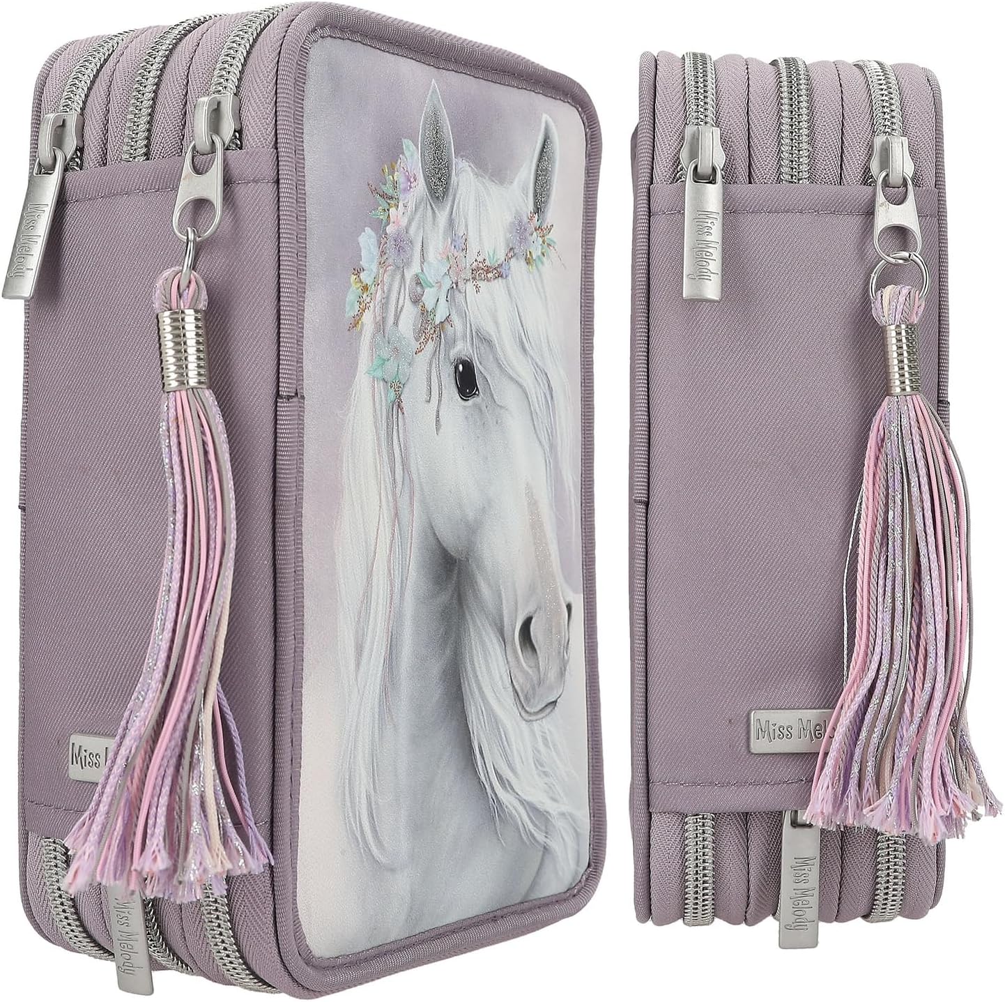 Depesche 13126 Miss Melody Fantasy Horse - Filled 3-Compartment Pencil Case in Pale Purple, with Horse Motif and Glitter, Pencil Case with Colouring Pencils, Ruler, Scissors etc.